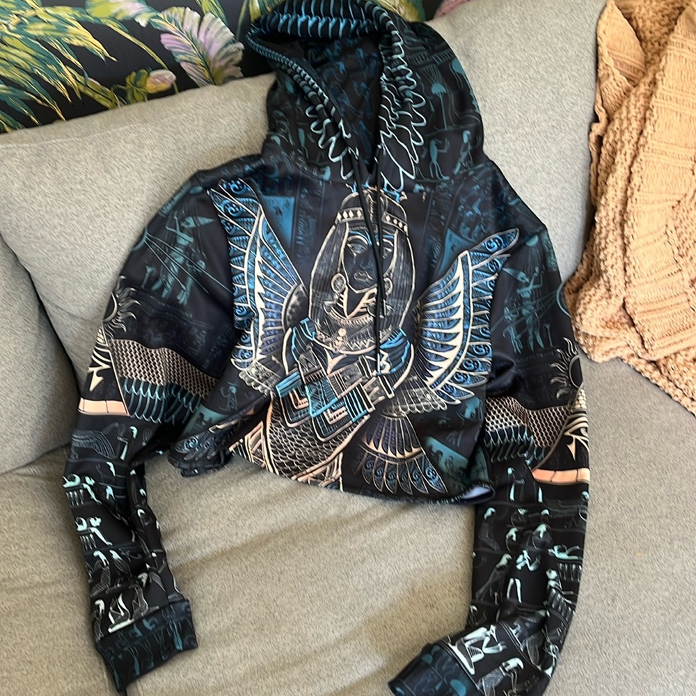 Graphic Black and Blue Crop Top Hoodie